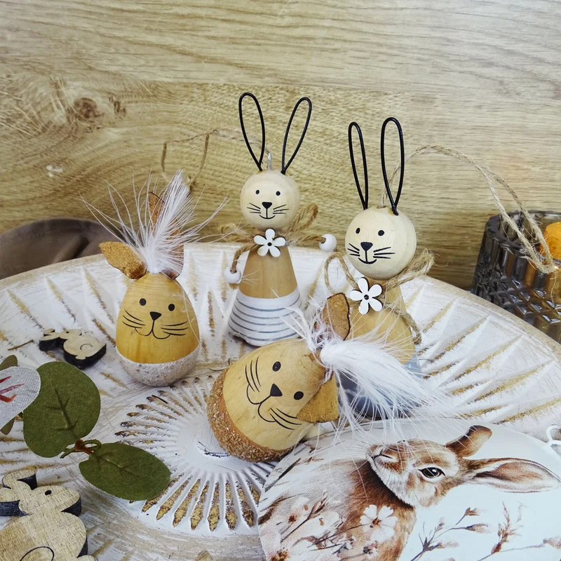 6 kleine Osterhasen Figuren aus Holz - 10 x 3,5 cm - natur weiß braun - Ostergeschenk Deko