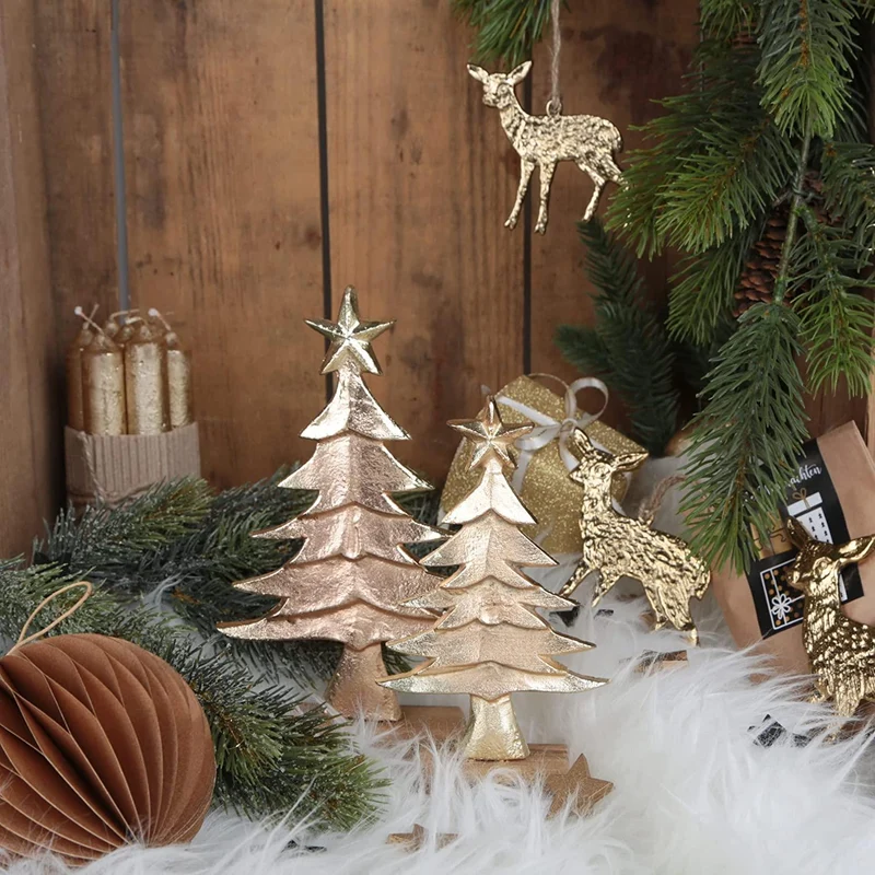 3 goldfarbene Weihnachtsbäume aus Metall & Mangoholz - 22 cm + 17 cm
