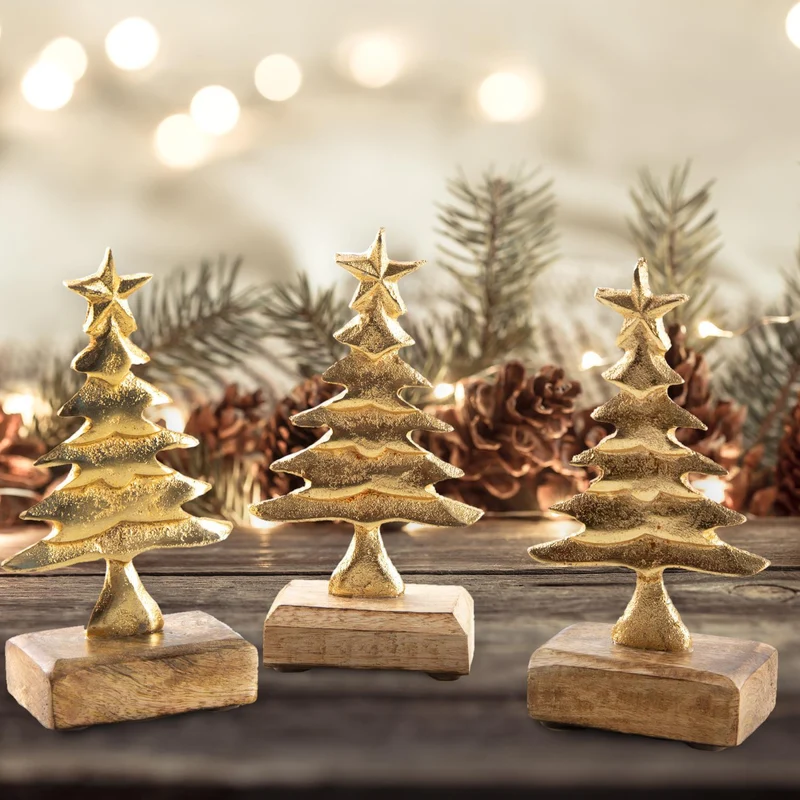 3 Deko Weihnachtsbäume aus Metall - 17 cm Gold braun