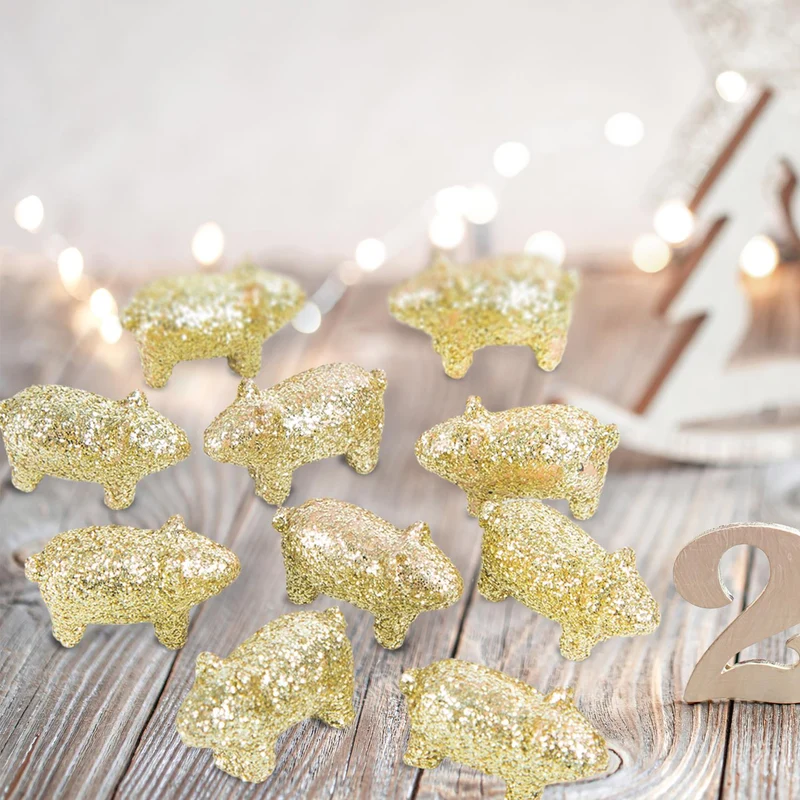 10 Mini Glücksschwein Figuren gold glitzernd 2 cm