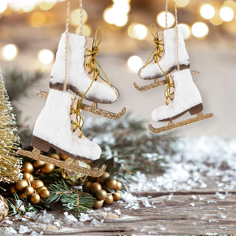 3 Schlittschuhpaare Weihnachtsanhänger aus Holz 8 cm weiß Gold