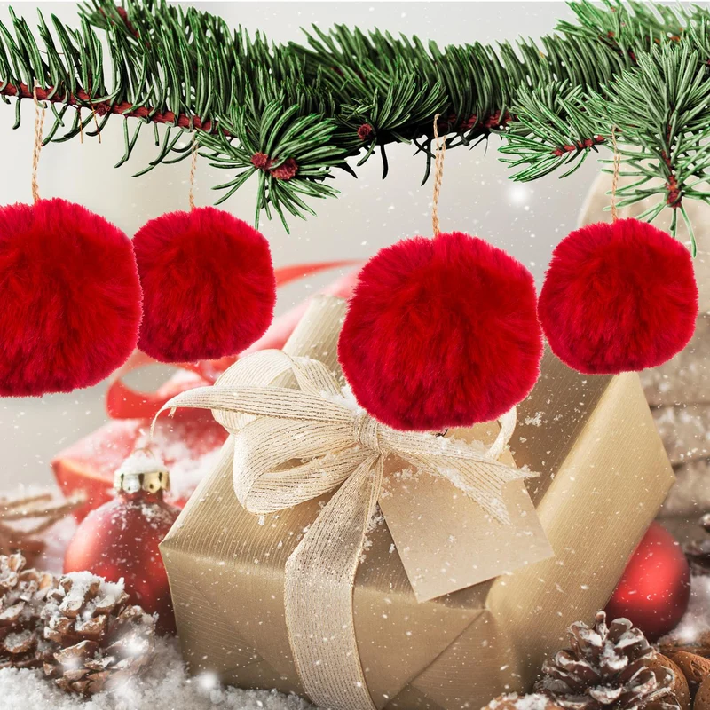 10 rote Weihnachtskugeln aus Plüsch - Pompon Bommel Plüschkugel