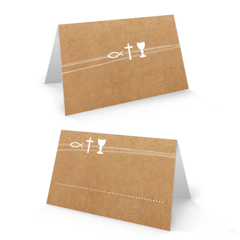 Tischkarten Kraftpapier-Optik mit Fisch, Kreuz und Kelch – 25 Stück