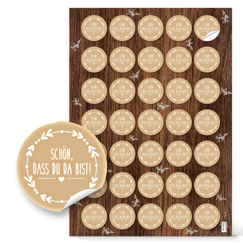 Aufkleber Set 3 x 35 Sticker - rund 3,2 cm - Schön dass du da bist + Danke + Blanko - beige im Vintage-Stil