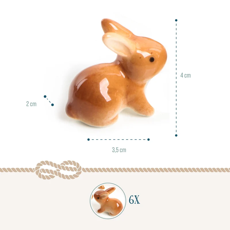 6 Mini Osterhasen Figuren 4 cm braun - kleine Porzellan Hasen als Streudeko Give-Away