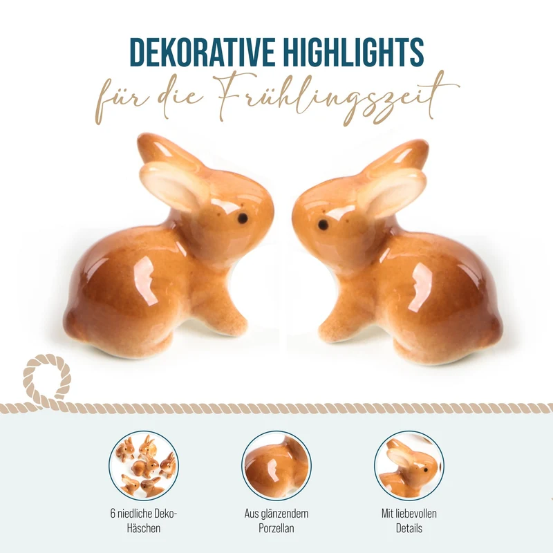 6 Mini Osterhasen Figuren 4 cm braun - kleine Porzellan Hasen als Streudeko Give-Away