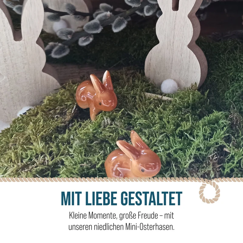 6 Mini Osterhasen Figuren 4 cm braun - kleine Porzellan Hasen als Streudeko Give-Away