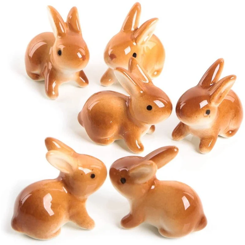 6 Mini Osterhasen Figuren 4 cm braun - kleine Porzellan Hasen als Streudeko Give-Away