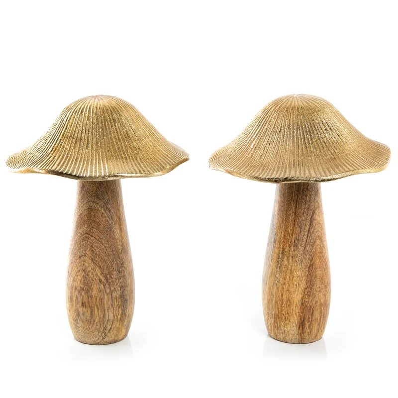 2 große Pilz Figuren aus Holz mit Metallkappe Gold braun