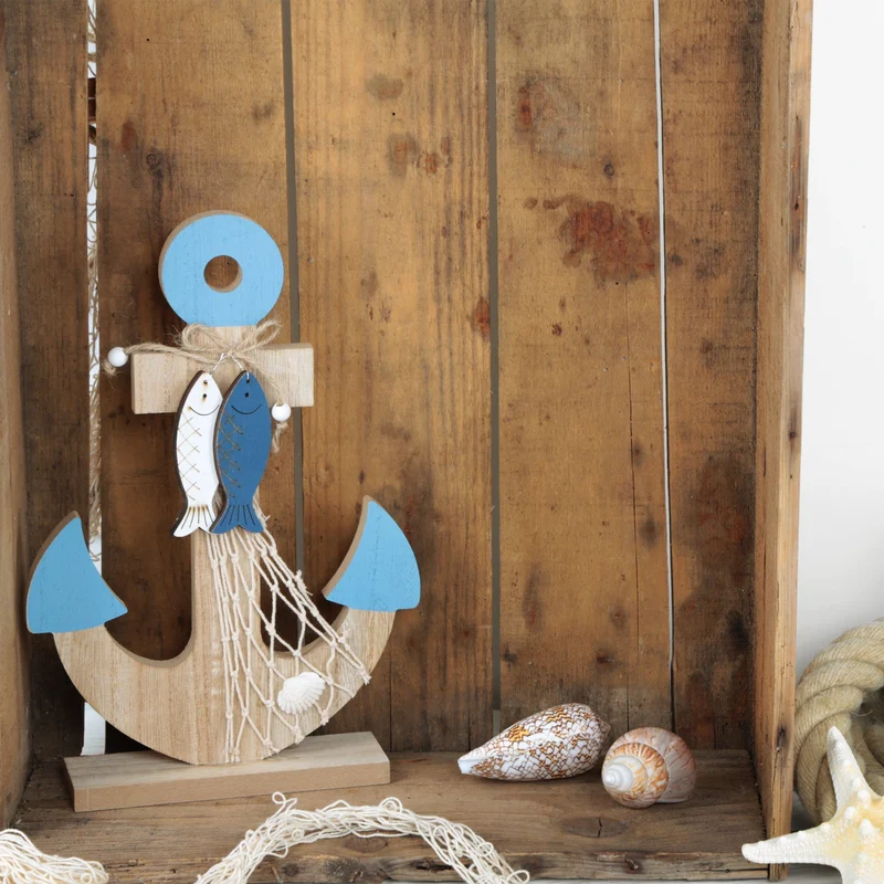 Große Ankerfigur aus Holz braun türkis 30 cm - mit Fischanhängern