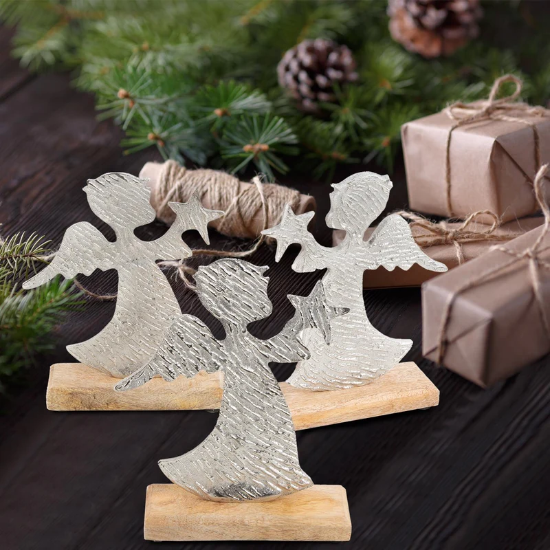 Engel Figur zum Hinstellen Silber braun aus Holz + Metall