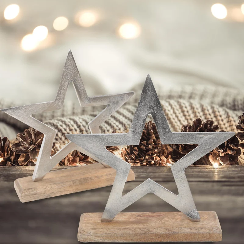 2 Sterne Figuren zum Hinstellen 21 cm aus Holz + Metall silberfarben