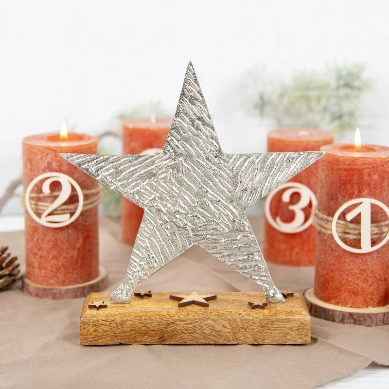Dekofigur Stern aus Holz + Metall - Weihnachtsfigur Silber braun