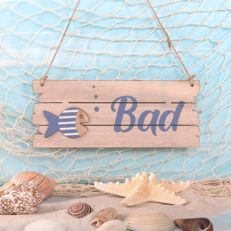 Bad Türschild blau Natur aus Holz mit Fisch-Motiv - zum Aufhängen