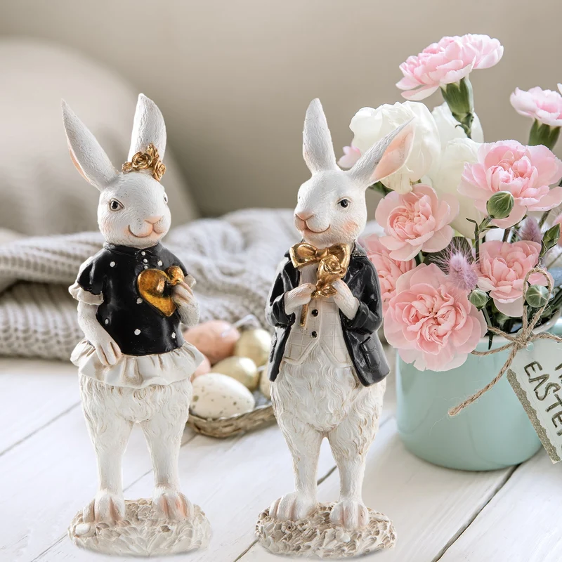 2 Hasen Figuren zum Hinstellen schwarz weiß gold - Osterhasen Paar