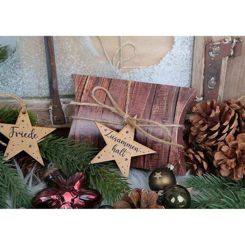 12 Holz Weihnachtsanhänger - Wörter Sterne 7,8 x 7,5 cm