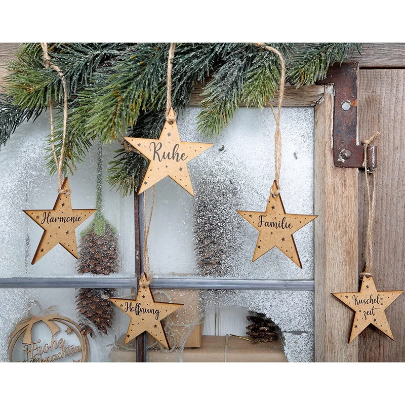 12 Holz Weihnachtsanhänger - Wörter Sterne 7,8 x 7,5 cm