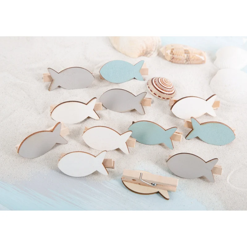 12 kleine Fische Klammern aus Holz blau weiß grau - maritime Tischdeko