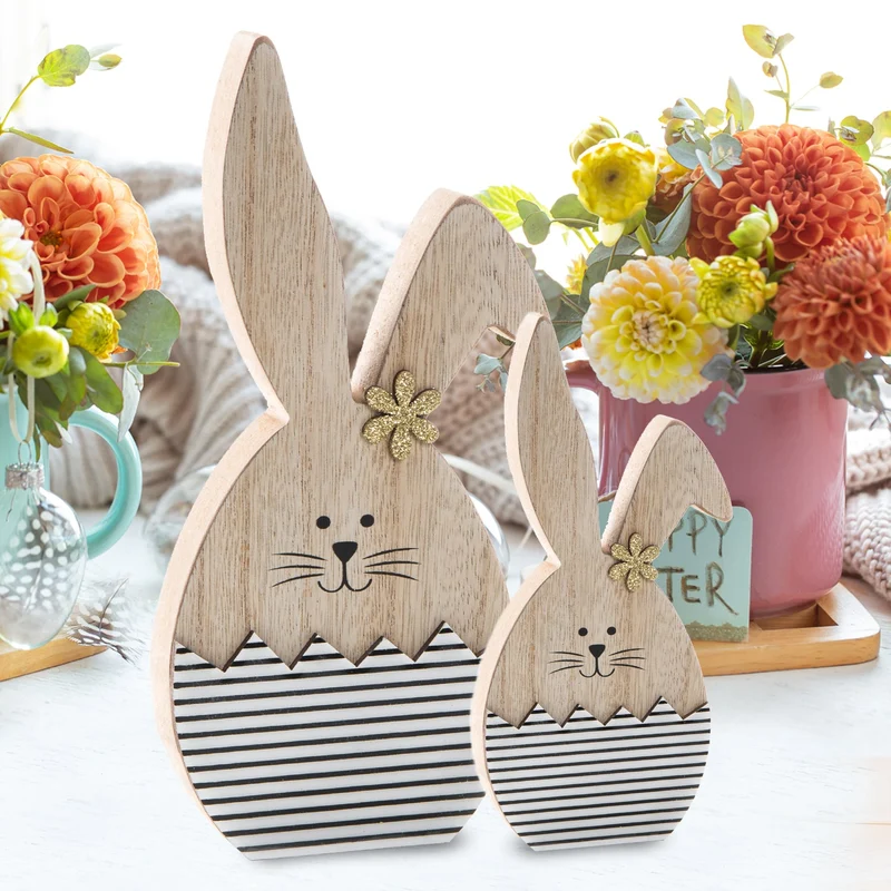 2 Osterhasen aus Holz 14 cm + 20 cm Natur weiß schwarz gestreift