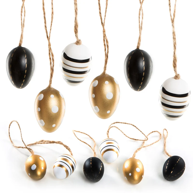 12 kleine Mini Ostereier aus Kunststoff - 4 cm weiß schwarz Gold