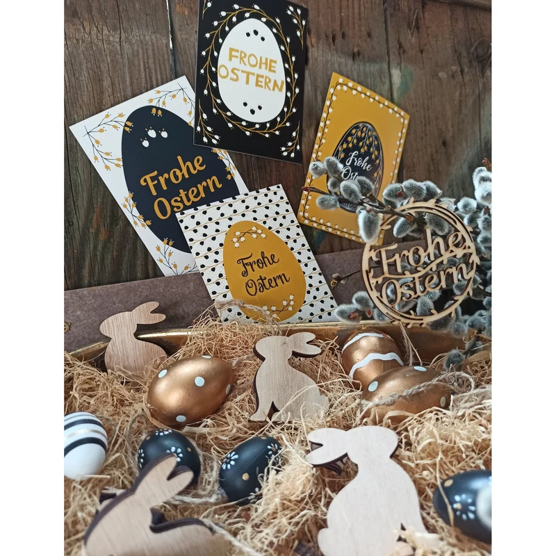 12 kleine Mini Ostereier aus Kunststoff - 4 cm weiß schwarz Gold