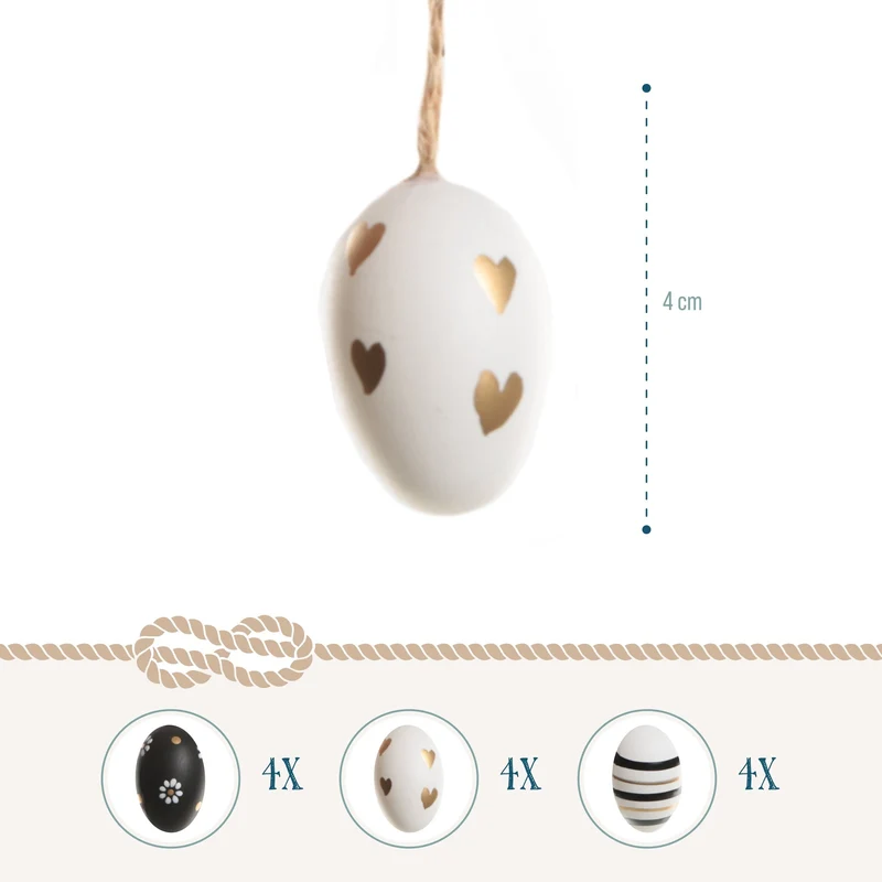 12 kleine Ostereier - 4 cm aus Plastik - schwarz Gold weiß