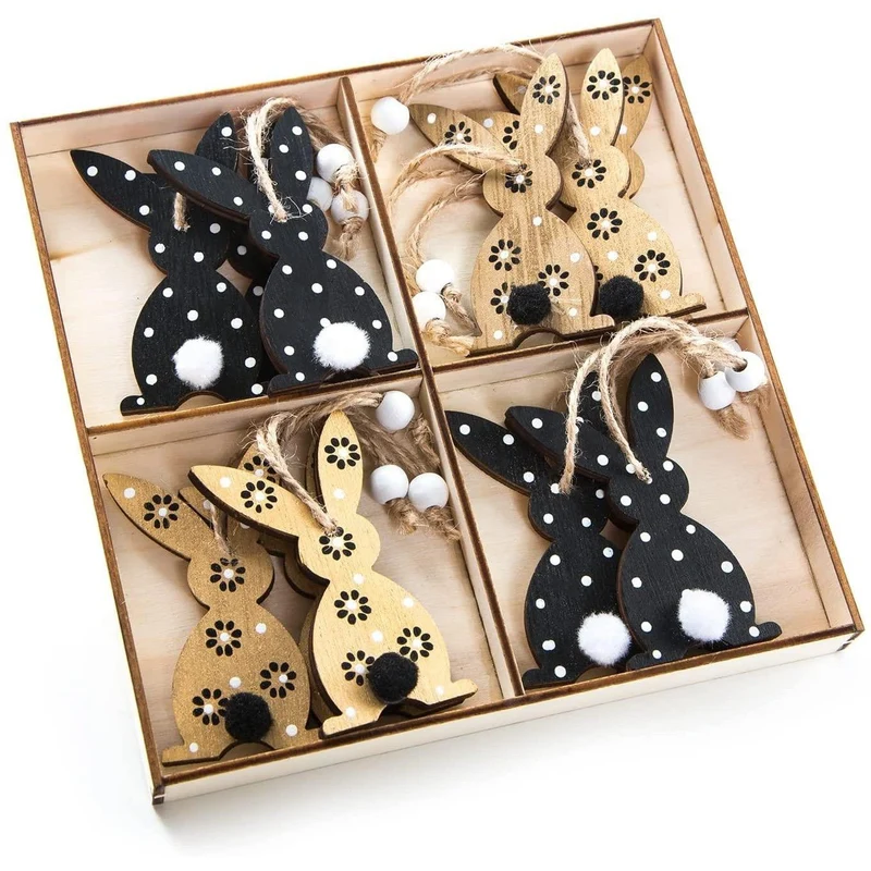 12 edle Osterhasen schwarz Gold aus Holz zum Aufhängen - 7 cm