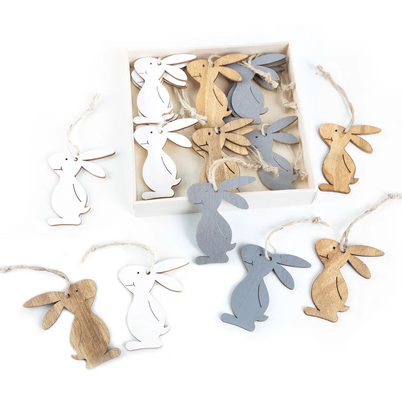18 kleine Osterhasen aus Holz 6,5 cm grau braun beige - Osterdeko zum Aufhängen