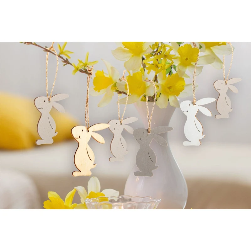 18 kleine Osterhasen aus Holz 6,5 cm grau braun beige - Osterdeko zum Aufhängen