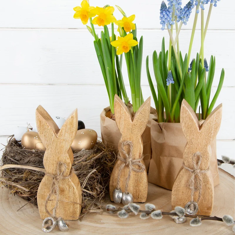 3 Hasen Holzhasen braun Osterhasen Ostern Set 15 cm