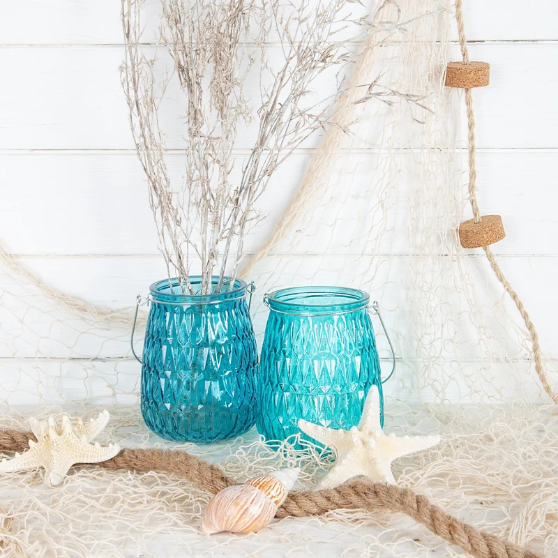 2 große Windlichter blau türkis aus Glas Kerzenhalter 15 cm