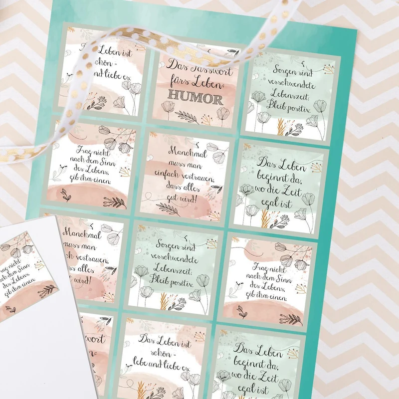 Logbuch-Verlag 12 Sprücheaufkleber pastellfarben rosa weiß mintgrün - Aufkleber mit motivierenden Sprüchen 6 x 6 cm als Geschenkaufkleber