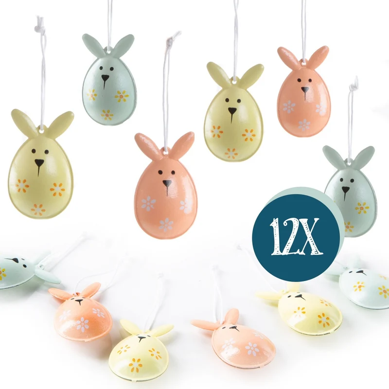 12 bunte Osteranhänger aus Metall Osterhase gelb orange grün