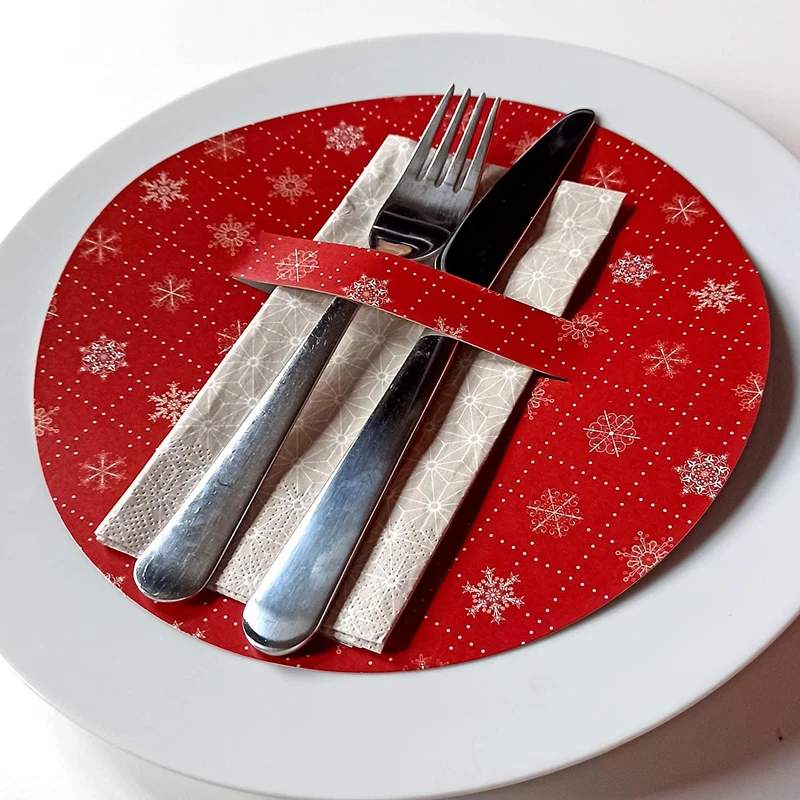 10 Teller Deckchen rot weiß rund 21 cm - weihnachtlich mit Schneeflocken