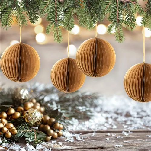 5 goldfarbene Papier Weihnachtskugeln zum Aufhängen