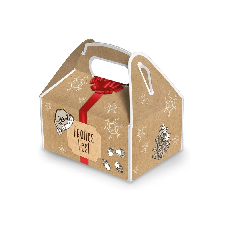 Weihnachtliche Geschenkboxen mit Griff braun-rot 9 x 12 x 6 cm mit Aufdruck „Frohes Fest“