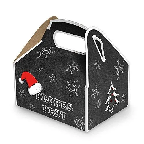 Weihnachtliche Geschenkboxen mit Griff schwarz-weiß-rot 9 x 12 x 6 cm mit Aufdruck „Frohes Fest“