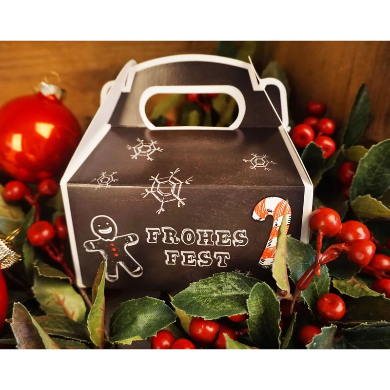 Weihnachtliche Geschenkboxen mit Griff schwarz-weiß-rot 9 x 12 x 6 cm mit Aufdruck „Frohes Fest“