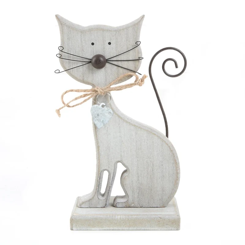 Katze Dekofigur aus Holz - 18 cm - in grau Natur - mit Schwanz und Schnurrhaaren