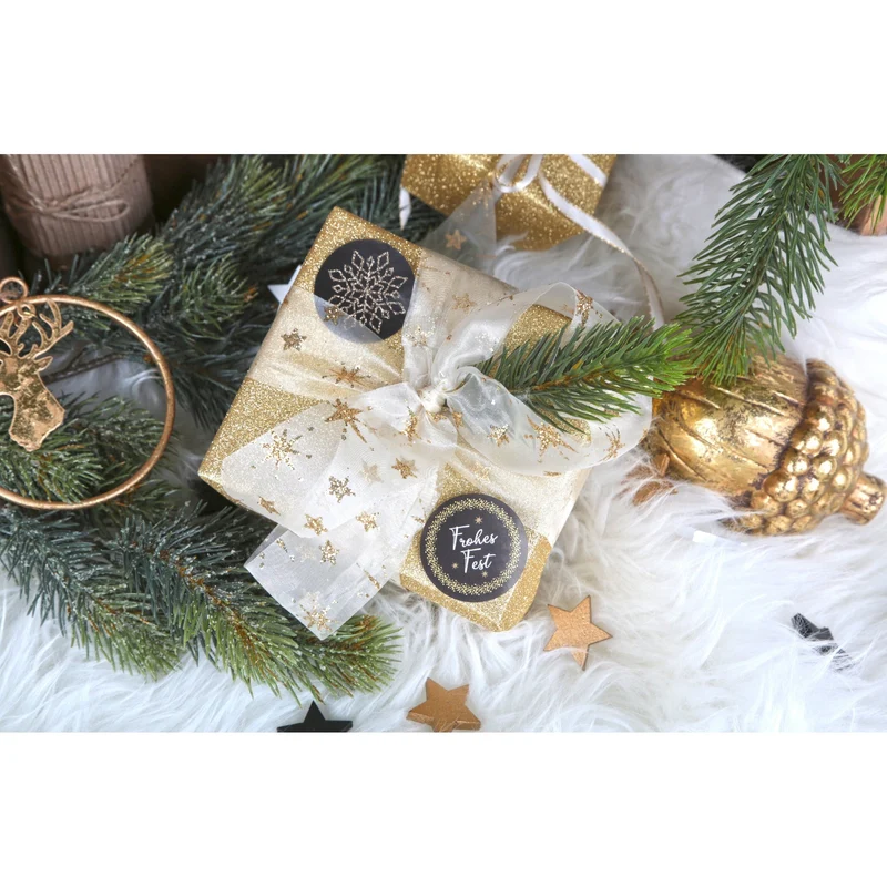 Logbuch-Verlag 24 Weihnachtsaufkleber schwarz weiß gold - Frohe Weihnachten Sticker rund selbstklebend 4 cm