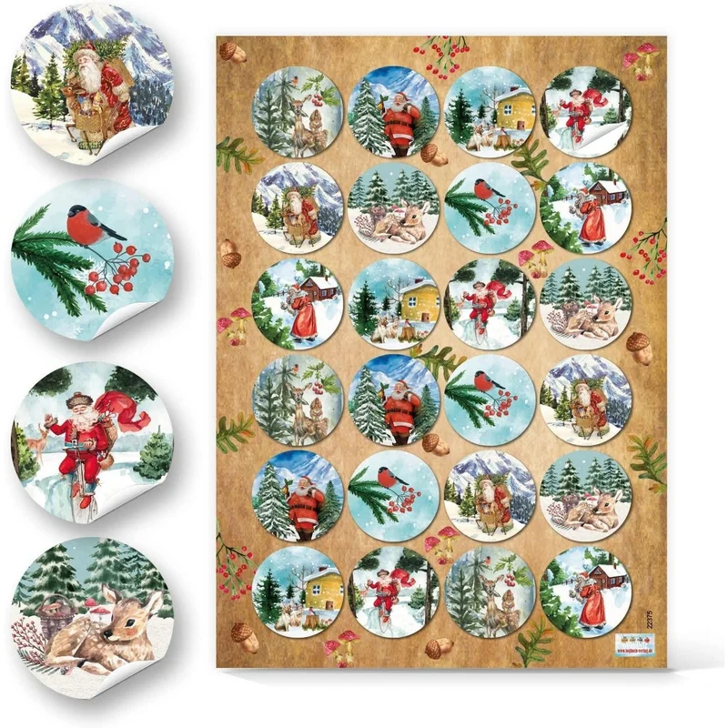 Nostalgie Weihnachtsaufkleber grün blau rot - vintage Weihnachtsmotive Winter Aufkleber Weihnachten Ø 4 cm