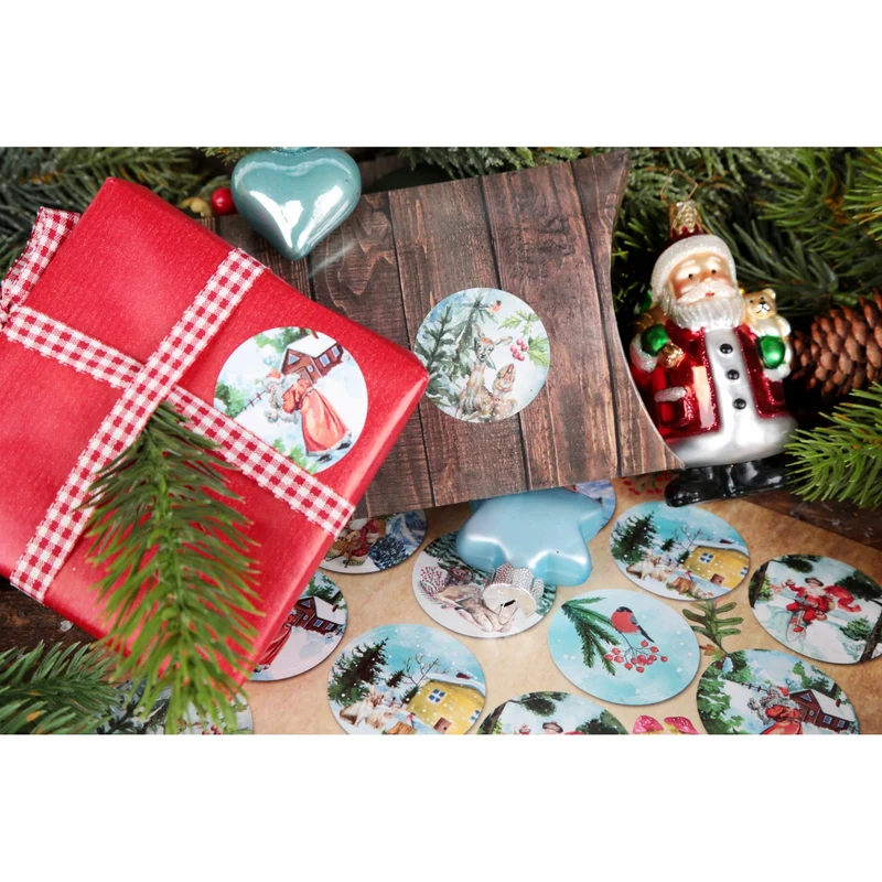 Nostalgie Weihnachtsaufkleber grün blau rot - vintage Weihnachtsmotive Winter Aufkleber Weihnachten Ø 4 cm