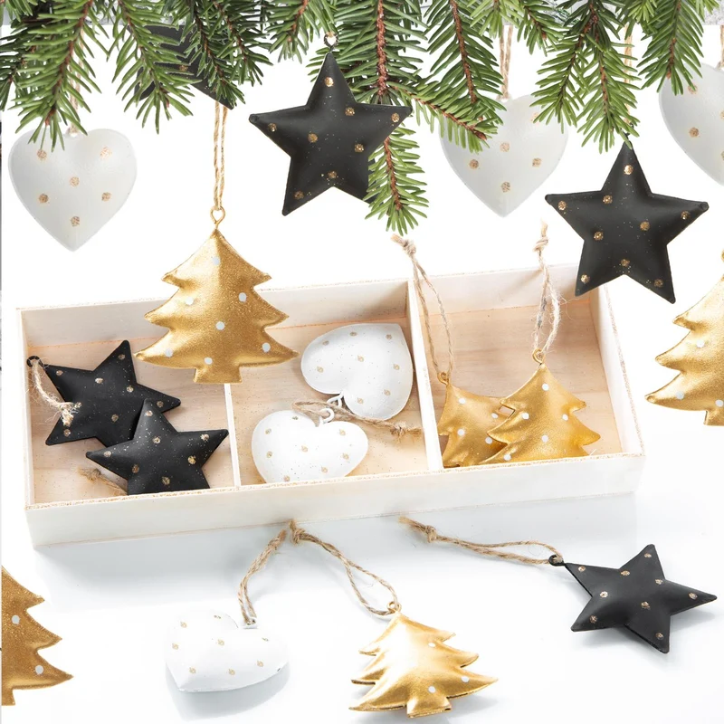 18 Weihnachtsanhänger in schwarz, Gold & weiß - 5 cm aus Metall