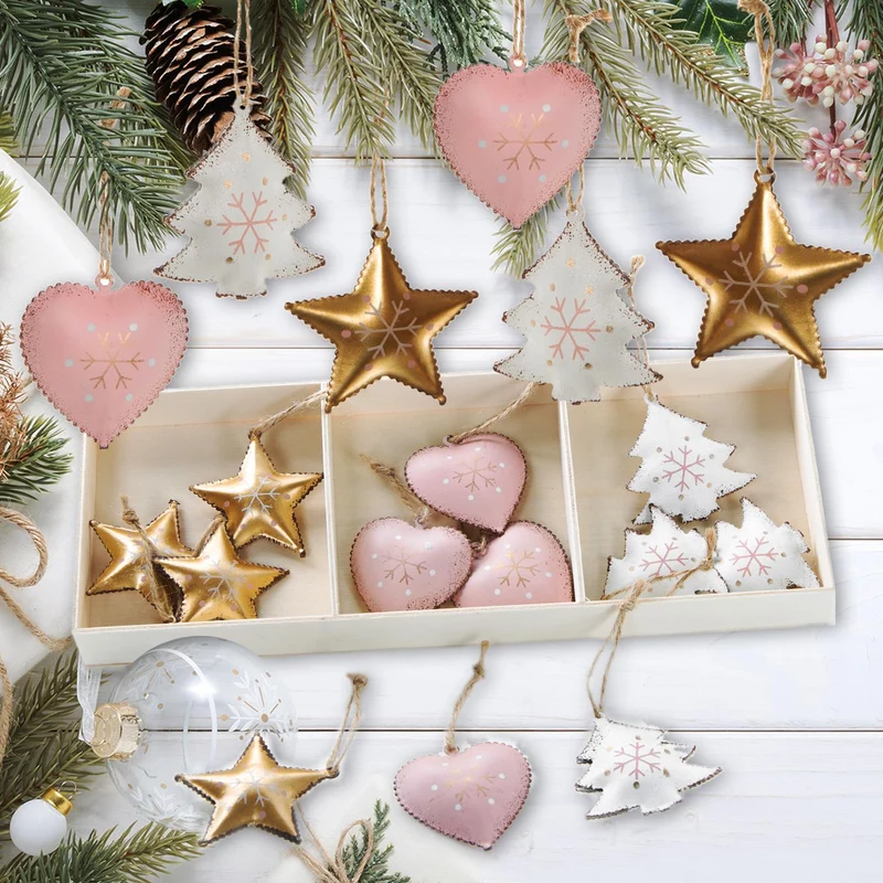 18 kleine Christbaumanhänger aus Metall Herz + Stern + Baum - rosa Gold weiß