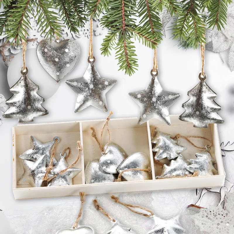 18 kleine Weihnachtsbaumanhänger aus Metall Silber glänzend