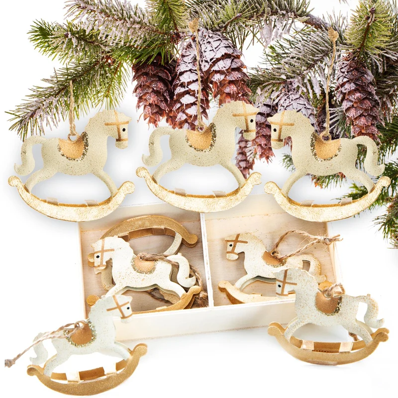 8 Schaukelpferd Weihnachtsbaumanhänger cremefarben gold - aus Metall
