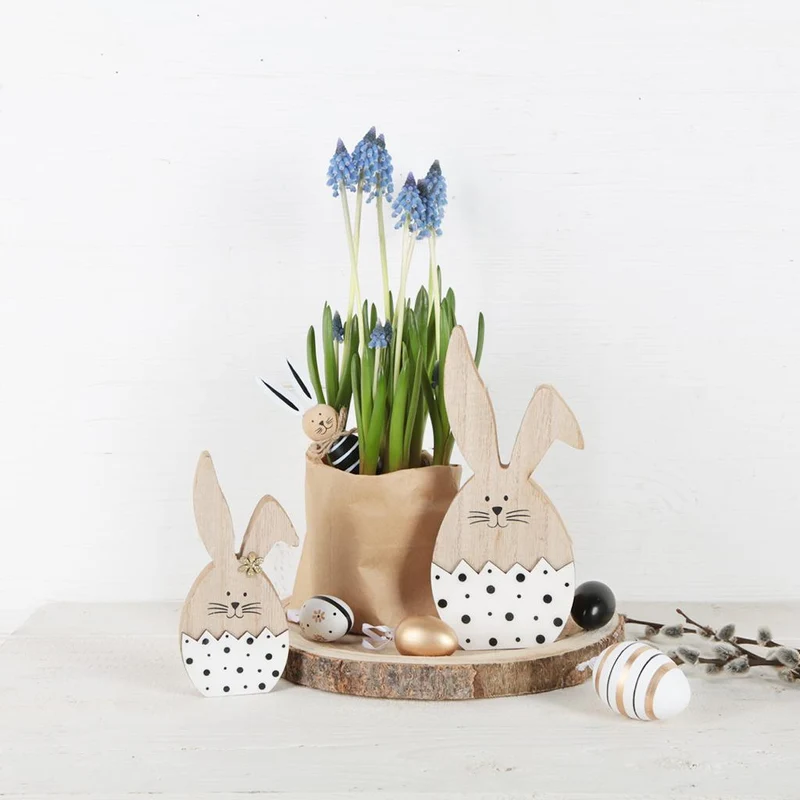 2 Osterhasen Figuren 14 cm & 20 cm - Natur weiß schwarz gepunktet