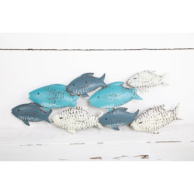 Fischschwarm Wandskulptur aus Metall - blau türkis beige 47 cm