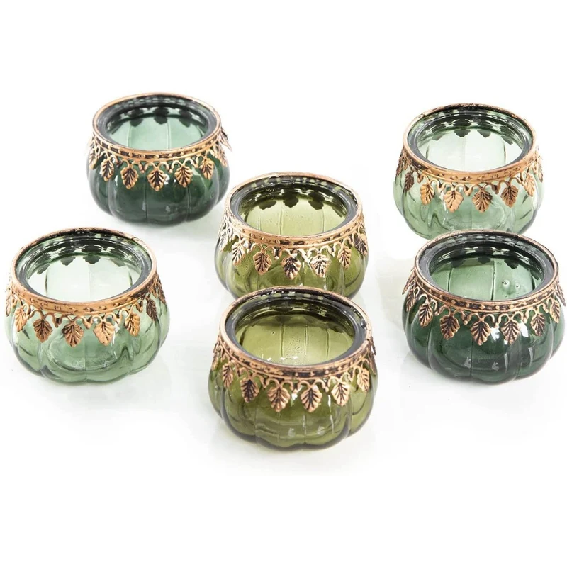 6 Teelichtgläser mintgrün + grün + dunkelgrün - aus Glas & Metall