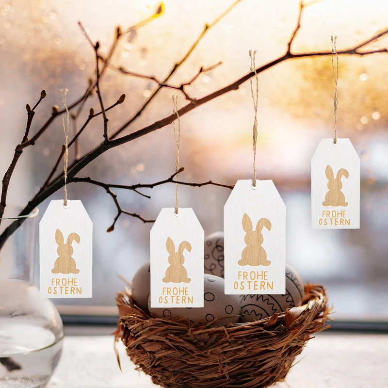 6 Osteranhänger aus Holz - mit Text Frohe Ostern weiß braun